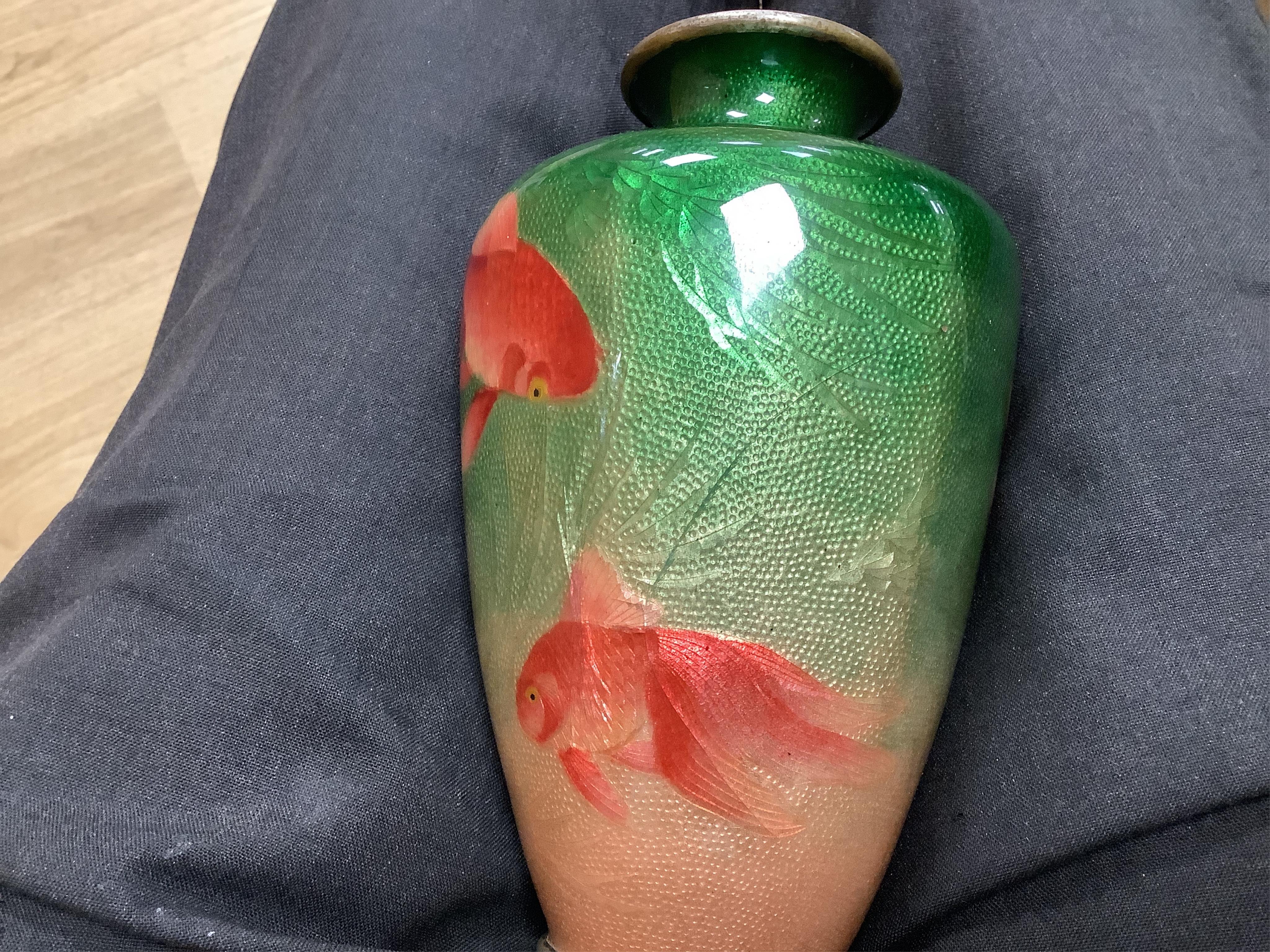 A Japanese ginbari enamel ‘koi carp’ vase, early 20th century, 18cm high